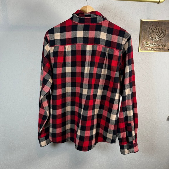 WOOLRICH Womens Red Black Tan Plaid Flannel Shirt Long Sleeve Button Up‎ Size L - Picture 8 of 11